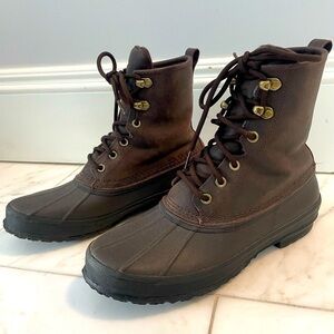 UGG, men’s 9, brown leather and black rubber duck boots, flawed